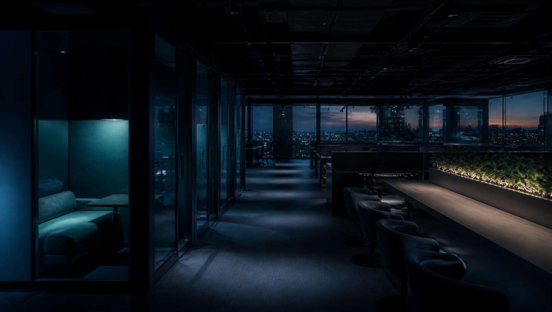 Empty modern office floor at dusk with focus pods and collaboration benches
