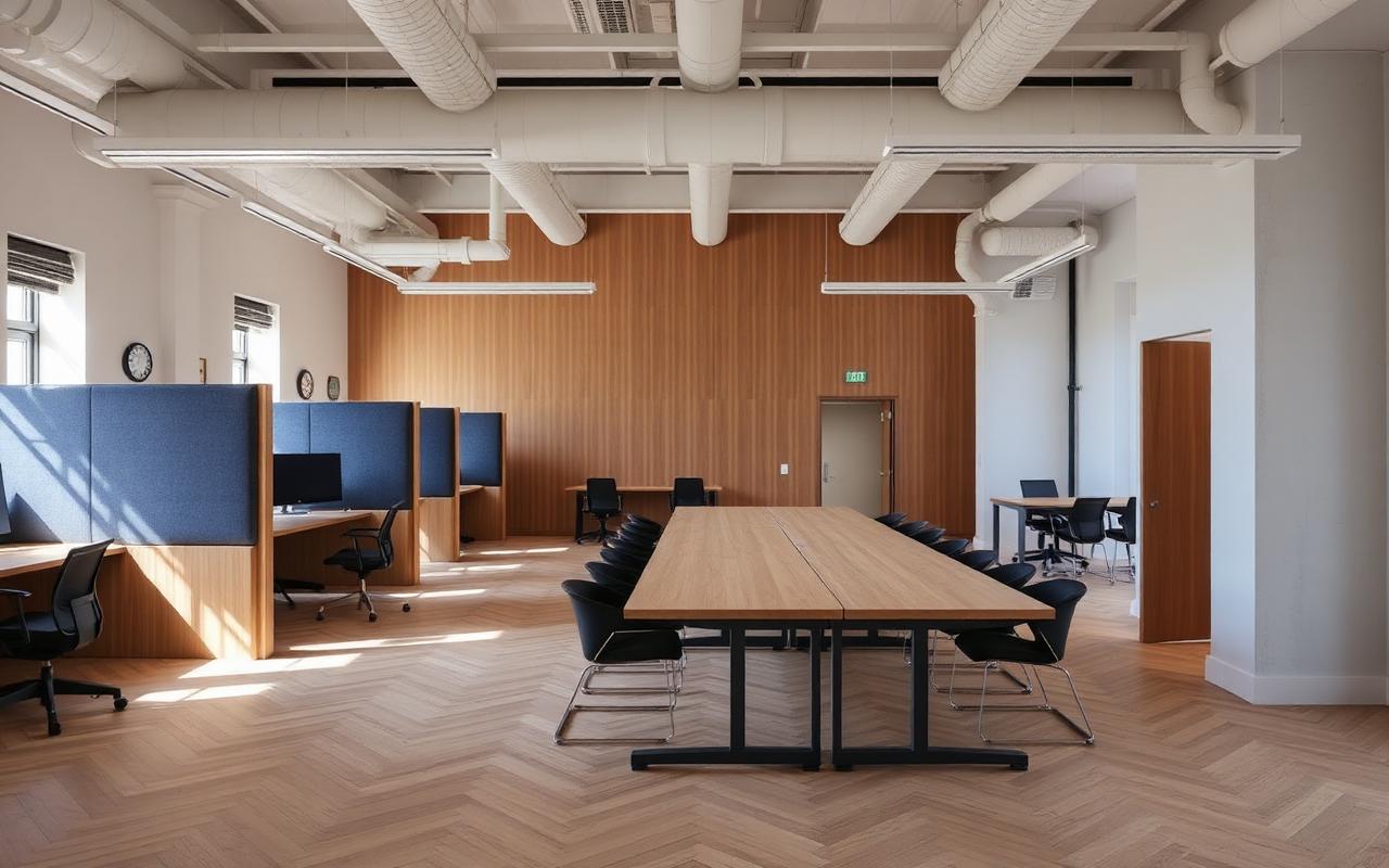 Light-filled agile workspace with focus booths and a long communal table